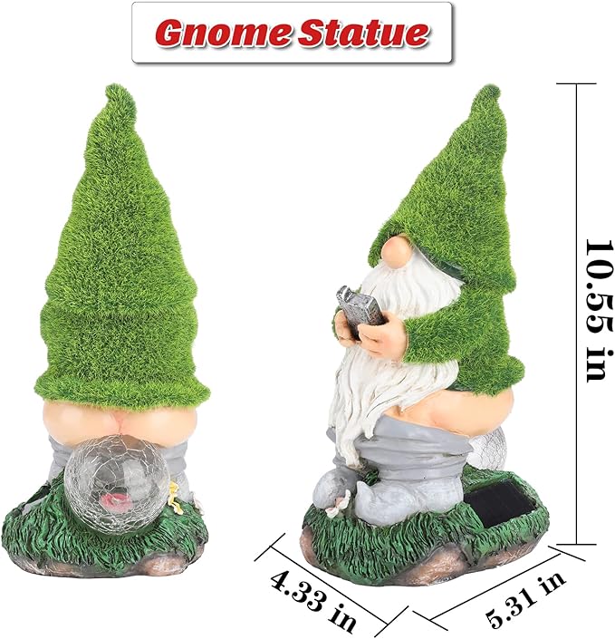 Garden Gnome Statues - Resin Gnome Figurine Sitting on Solar Crackle Glass Globe Lights, Funny Garden Ornament for Patio Yard Lawn Porch Outdoor Decor