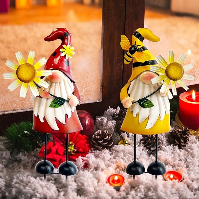 HONGLAND Gnomes Decorations for Yard - Metal Gnome Outdoor Decor Bee Ladybug Garden Statue- Christmas Decoration Thanksgiving Holiday Lawn Patio Yard Stakes (Set of 2)