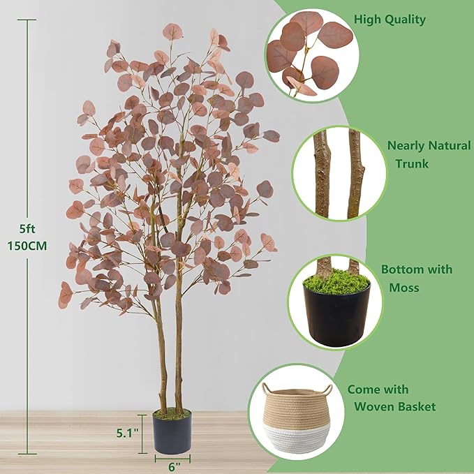 Artificial Eucalyptus Tree, 5ft Fake Eucalyptus Plant with Basket, Red Silver Dollars Silk Leaves Faux Tree for Home Office Perfect Housewares Gift Decoration