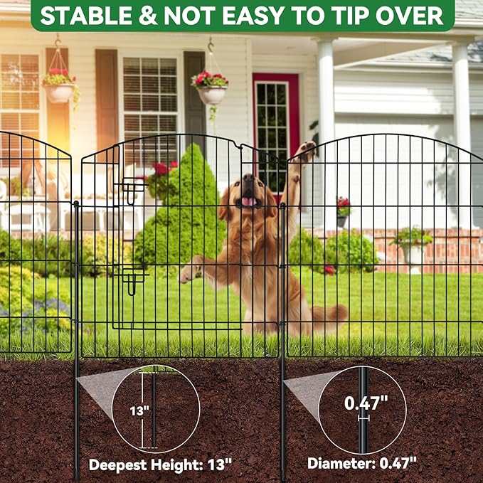 No Dig Decorative Garden Fence with Gate 32in (H) x 24ft (L), 9 Panels + 1 Gate +11 Stakes, Temporary Dog Fencing Outdoor, Rustproof Metal Arched Animal Barrier for Yard, Patio, Flower Bed, Landscape