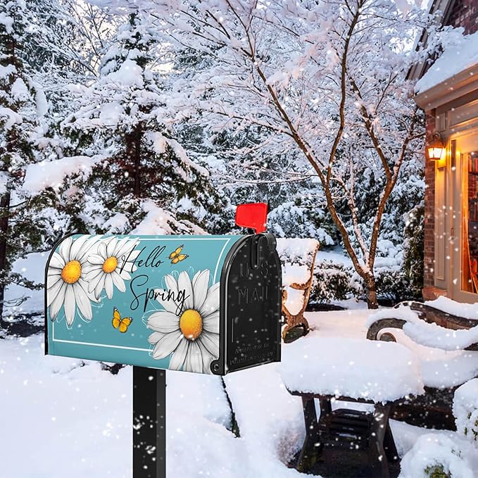 Spring Floral Daisy Mailbox Cover Magnetic Standard Size 21x18 in Floral Butterfly Post Letter Box Cover Decorations for Outside Garden Yard Blue