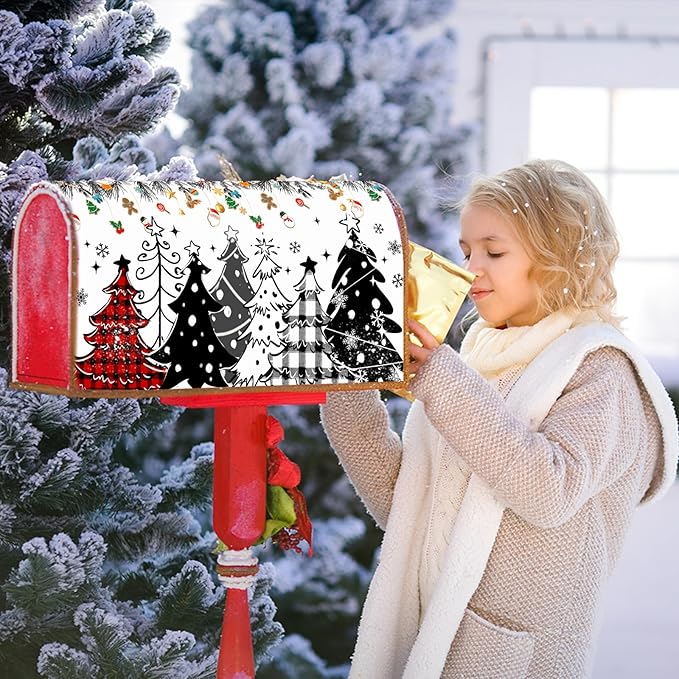 Xmas Trees Mailbox Cover Magnetic 21"x18" Red Black Buffalo Plaids Falling Snowflakes Winter Collection Mailbox Wrap Post Cover Standard Size for Yard Garden Outside Holiday Decor