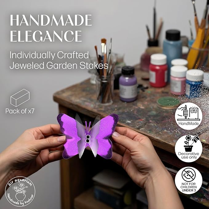 Handmade Purple Butterfly Garden Stakes Set of 7 - Decorative Outdoor & Indoor Plant Decor - Nature Lover Gift Idea by Air Aquarium Kushner