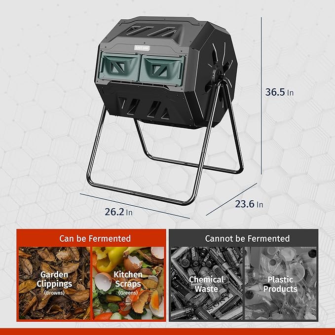 EAST OAK Compost Tumbler Outdoor, 43-Gal Dual Chamber Compost Bin with 2 Sliding Door and Aeration System, Tumbling Rotating Composter Bin for Kitchen, Garden, Yard
