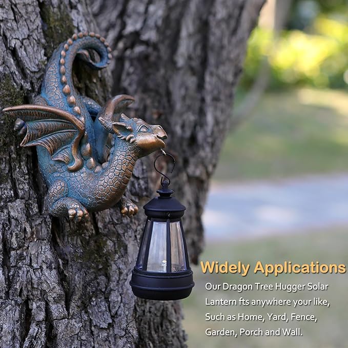 Garden Dragon Statue with Solar Light Outdoor Garden Decor for Outside Porch Patio Wall Tree Fence, Whimsical Yard Art Tree Hugger Decorations Figurine, Housewarming Gifts for Women Men Dragon Lovers