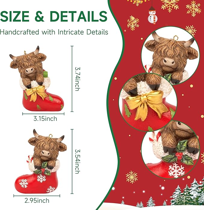 Chritmas Highland Cow Figurines Decor, 2 PCS Small Christmas Stockings Hidden Cows Gifts, Hanging Ornaments Xmas Resin Statue for Garden Bathroom Kitchen Home Table Decorations