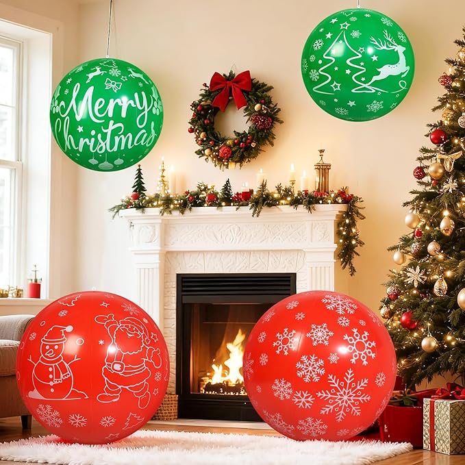 4 PCS 32 Inch, 24 Inch Christmas Inflatable Balloons PVC Large Christmas Inflatable Outdoor Balls for Xmas Garden Lawn Yard Holiday Front Door Decoration