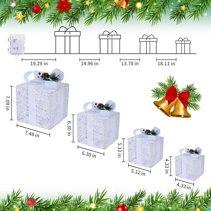 Christmas Lighted Gift Boxes, Pre-lit Present Boxes Set of 3 with Different Sizes, Battery Operated Snowflake Light up Decorations for Holiday Indoor Outdoor (4 Pack)