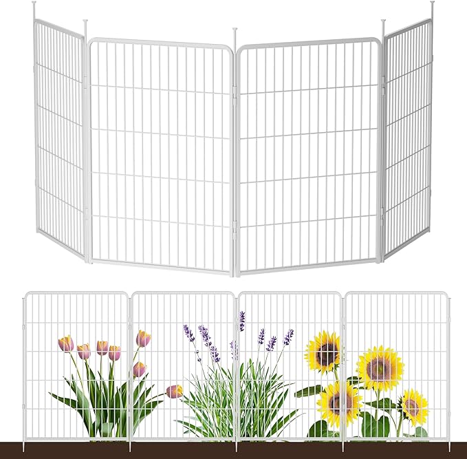 SunsGrove Garden Fence 40 in(H) x 8.9 ft(L) 4 Panels, Heavy Duty Metal Animal Barrier Fence for Dogs, Easy No-Dig Setup, Decorative Dog Fences, White