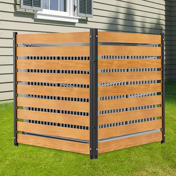 LILYPELLE 38in W x 42in H Air Conditioner Fence, 2 Panels Wood Outdoor Privacy Screen for Outside with Metal Stakes, Trash Can Pool Equipment Enclosure Panels Decorative Fences