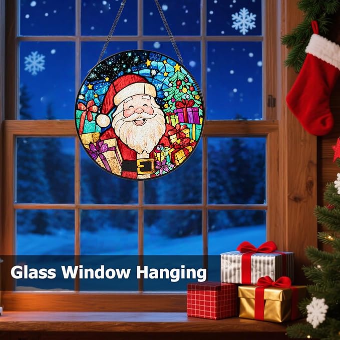 Santa Stained Glass Window Hanging, Santa Claus Suncatcher for Doors Home Sun Catchers Decoration and Christmas, Mother's Day Birthday Gifts for Women, Men, and Mom (8 Inch)