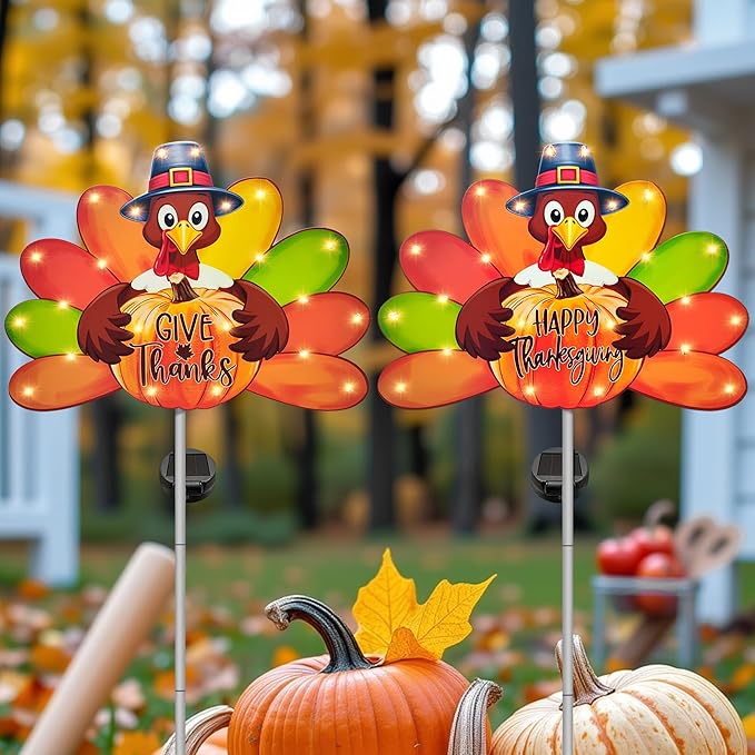 Hexagram Thanksgiving Decorations Outdoor, Solar Turkey Garden Stake Lights, 41 Inches Metal Turkey Give Thanks Decorations, Happy Thanksgiving Outdoor Decor Lights for Outside Yard Lawn Pathway