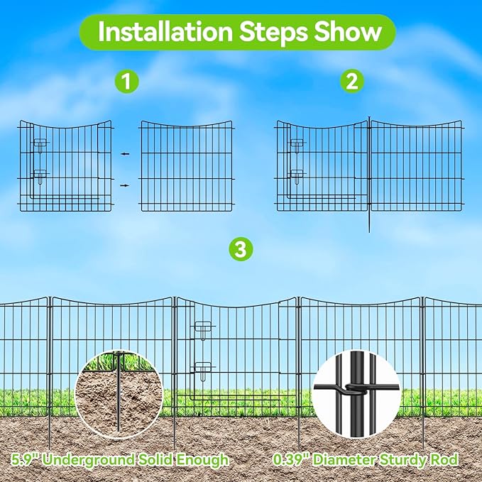 INJOPEXI Garden Fence 6 Panels 11.8ft(L)×24in(H) Decorative Garden Fences with 5 Panels + 1 Gate, Rustproof Metal Wire No Dig Temporary Rabbit Animal Barrier Fencing Dog Fence for Yard Outdoor Patio