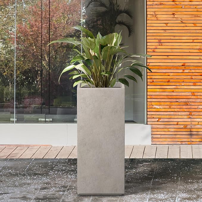 Kante 23.6" H Tall Rectangular Concrete Planter, Modern Design Plant Pot with Drainage Hole and Rubber Plug for Indoor Outdoor Plants, Patio, Garden and Home, Weathered Concrete