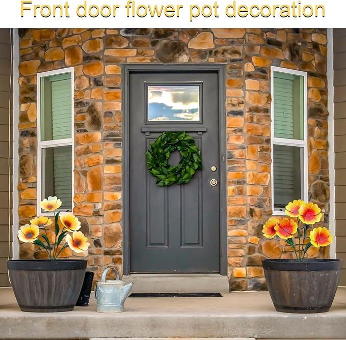 2 Pack Metal Flowers for Outdoor, Decorative Garden Stakes Yard Art, Outdoor Spring Garden Stake Summer Decor Bouquet of Poppy Flower Rustic Handcrafted Items for Lawn Porch Fence(Yellow)