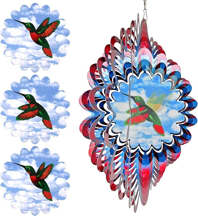 Hummingbird Animated Wind Spinner - 12In 3D Kinetic Hanging Sculpture, Creates Flying Hummingbird Animation Effect | Outdoor Garden Yard Decor, Unique Gift for Mom/Dad/Women/Men & Christmas