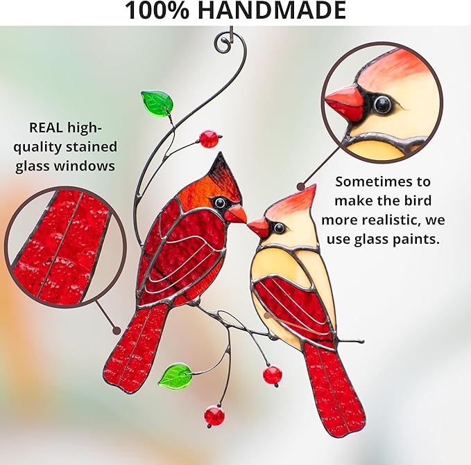 Red Northern Cardinal Birds Stained Glass Suncatcher Genuine Stained Glass Window Hangings Unique Indoor Ornament & Outdoor Decor (Style 1)