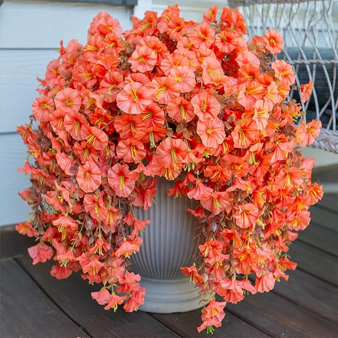 Fake Mums Artificial Fall Hanging Flowers for Outdoors Decoration, 2 PCS Fake Silk Morning Glory with Brown Eucalyptus UV Resistant Plants for Wall Home Porch Patio Balcony Yard Decor (Orange)