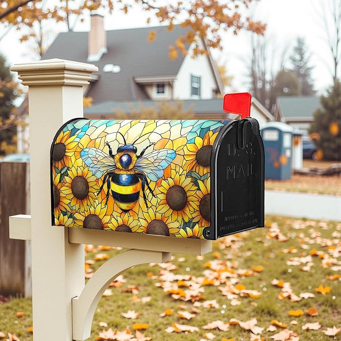 Summer Bee Mailbox Covers Magnetic Sunflower Mail Box Cover Fall Flower Mailbox Wraps for Outside Garden Yard Autumn Flower 25.5x21 inch