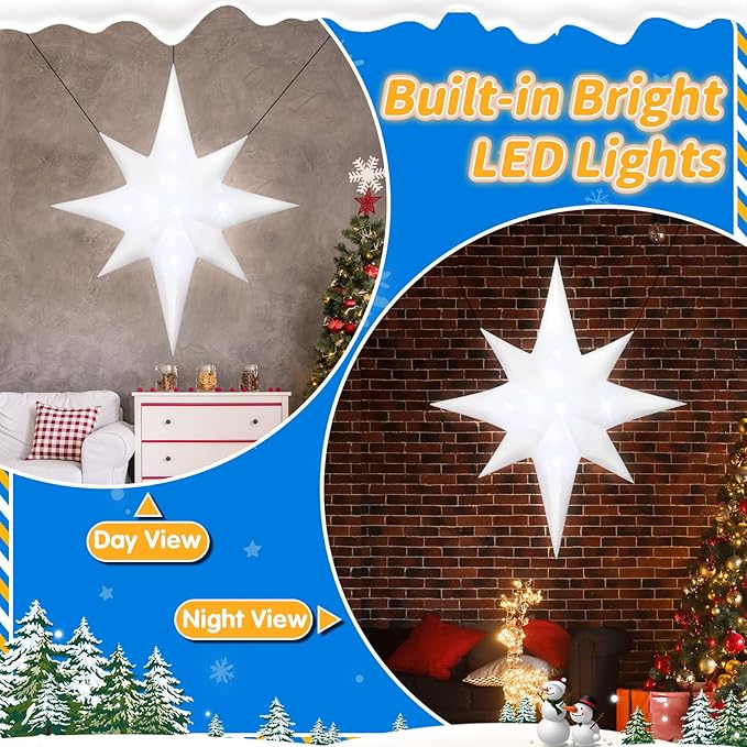 6FT Christmas Inflatable Bethlehem Star Outdoor Decorations Giant Blow Up Hanging Christmas Star Ornaments Winter Inflatables Built-in 5 LED Lights for Xmas Party Supplies Window Roof Wall Yard Decor