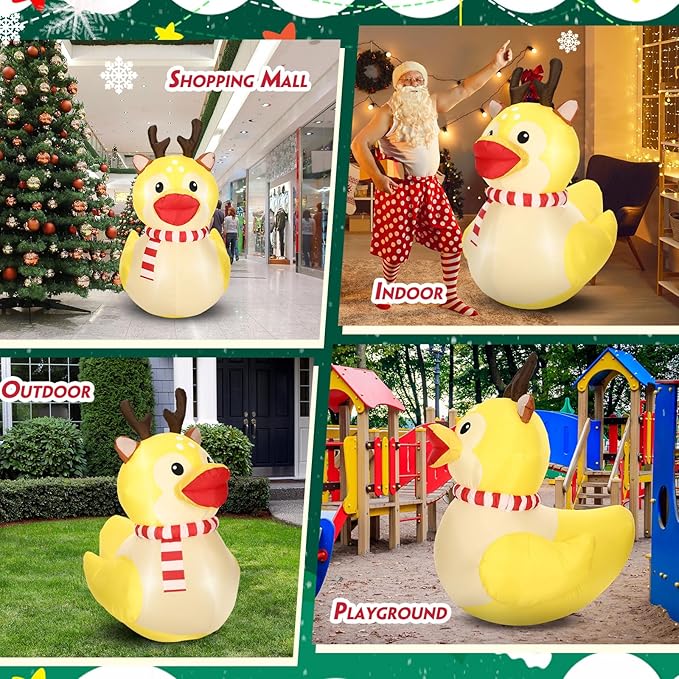 Leyndo 5ft Christmas Inflatables Decoration Outdoor Inflatables Duck with Build-in LEDs Lights Giant Blow up Duck Wear Christmas Reindeer Costume for Mall Garden Patio Lawn Indoor Party