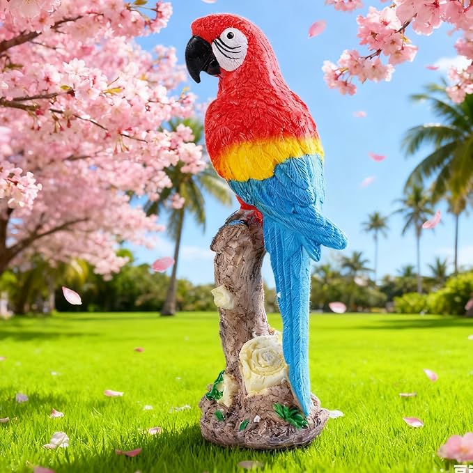 Vivid Standing Parrot Resin Statue - Lifelike Bird Animal Sculpture for Garden Courtyard Decor & Indoor Desktop Office Table Ornament