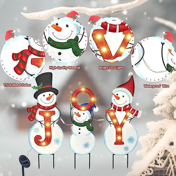 Christmas Outdoor Yard Signs Decorations, LED Solar Metal Garden Stake Lights with Joy for Patio Lawn Christmas Decor (Snowman Family)