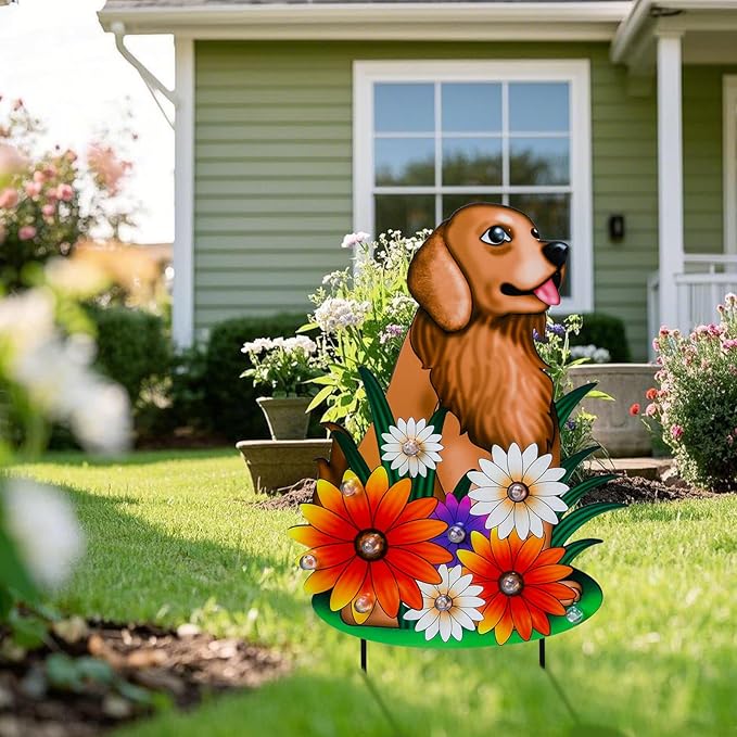 WONDER GARDEN Decorative Garden Stakes - Lighted Dog and Flower Yard Sign Stakes Spring Signs for Outdoor, Porch, Yard,Flower Bed Decor (Battery Operated)