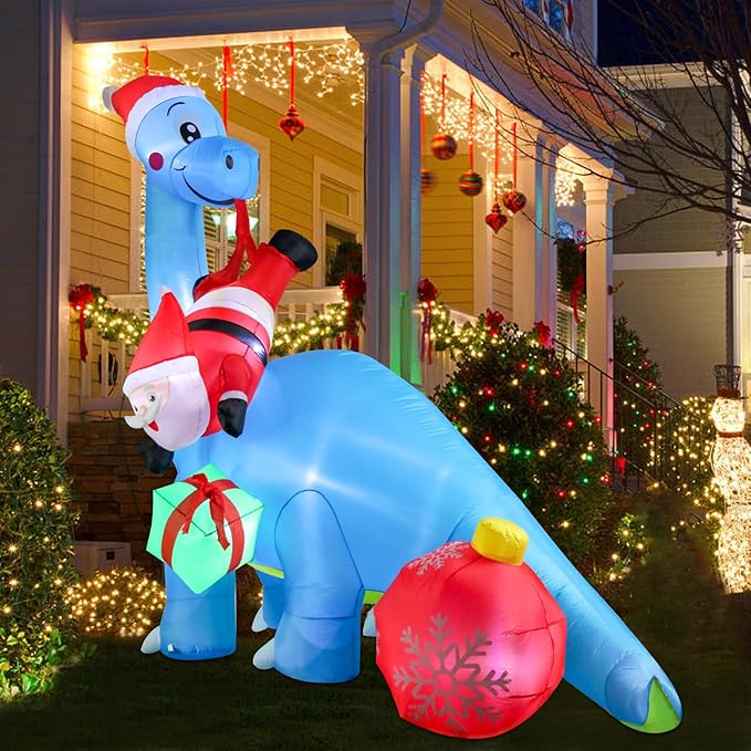 Christmas Inflatables Christmas Blow Up Yard Decorations Christmas Inflatable Dinosaur Play with Santa Clause Gift Boxes LED Lighted Up Yard Lawn Garden Home Party Decor