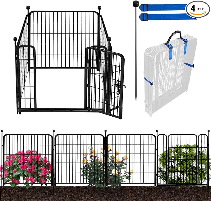 ADAVIN Dog Playpen 36 inch, Low Threshold Door 4 Panels Total 8.9 Ft(L) Tall Garden Fence, Dog Fence Outdoor for Yard, Black Metal Dog Pen Indoor, Dog Exercise Fence for RV Camping