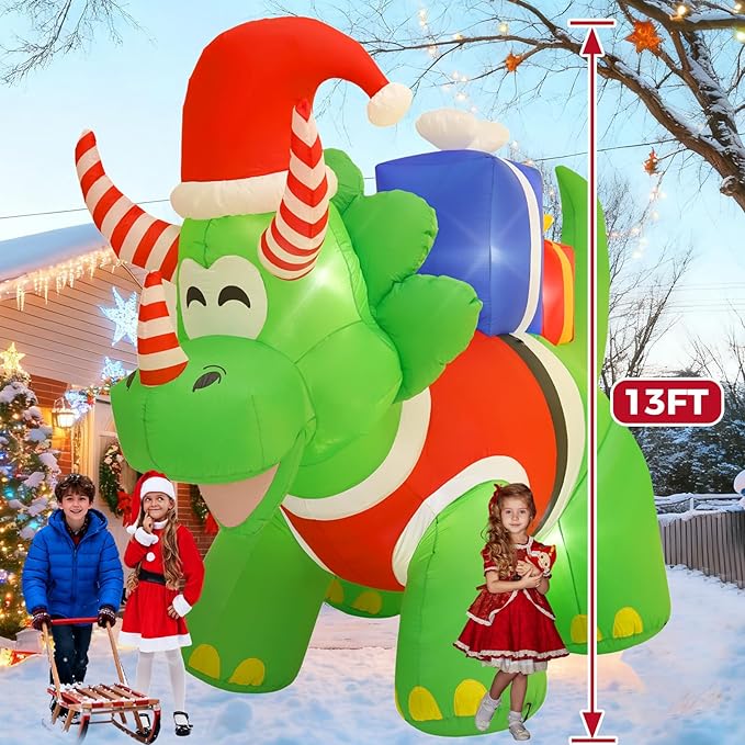 13FT Triceratops Inflatable Decoration with Built-in LED Lights, Christmas Outdoor Inflatable Decoration for Lawn, Yard, Garden, Patio