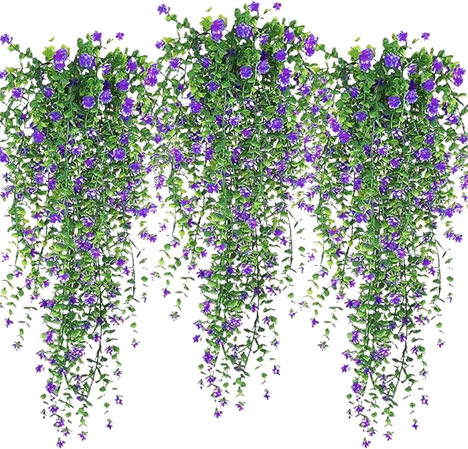 Artificial Hanging Flowers, 3 Pcs Fake Hanging Plants Decor, Artificial Vines for Outdoors, UV Resistant No Fade Artificial Fake Hanging for Indoor Decoration Outdoor Porch Courtyard (Purple)