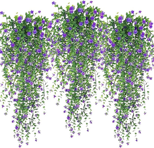 Artificial Hanging Flowers, 3 Pcs Fake Hanging Plants Decor, Artificial Vines for Outdoors, UV Resistant No Fade Artificial Fake Hanging for Indoor Decoration Outdoor Porch Courtyard (Purple)