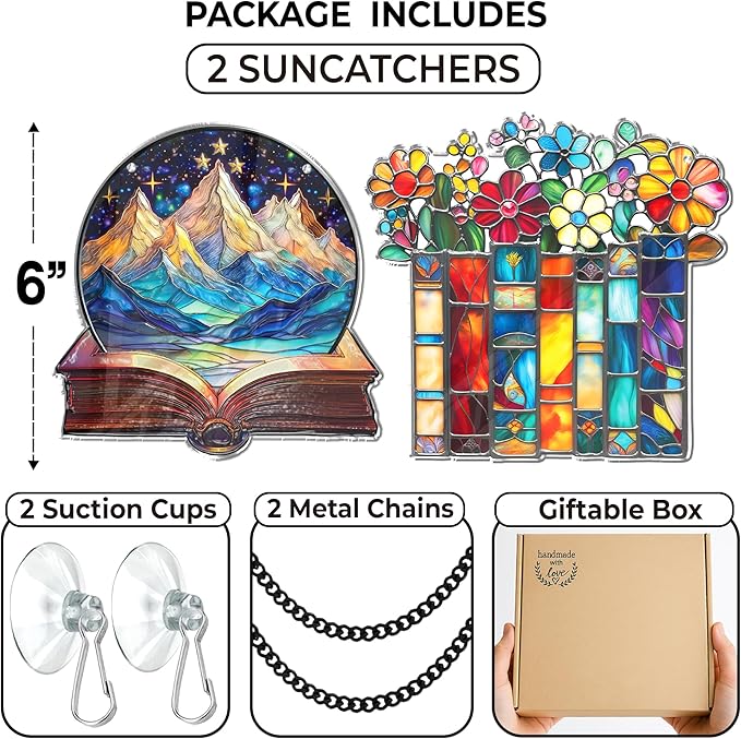 2 Book Floral Shelf Suncatchers Window Hanging Acrylic Ornaments Back to School Teacher Appreciation Gifts, Book Lover Gifts for Women Librarians Readers Bookshelf Decor for Home Library SS345