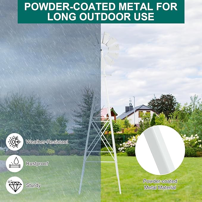 VINGLI 8FT Ornamental Windmill Backyard Garden Decoration Weather Vane, Heavy Duty Metal Wind Mill w/ 4 Legs Design,White