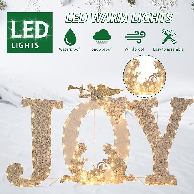 Outdoor Christmas Joy Decoration Christmas Lighted Joy with Nativity Scene Decoration for Xmas Home Pathway Lawn Party Display