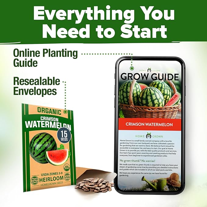 HOME GROWN Watermelon Vegetable Seeds (Crimson Sweet) – 15 Non-GMO, Heirloom Water Melon (7g) for Planting in Home Gardens or Beds Outdoors – Citrullus lanatus