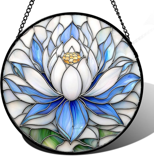 Stained Glass Window Hanging - Blue and White Lotus Petal Suncatcher for Doors Window Home Sun Catchers Decor Christmas Mother's Day July Birthday Gifts for Teacher Women Men Mom Nana 14.9 in