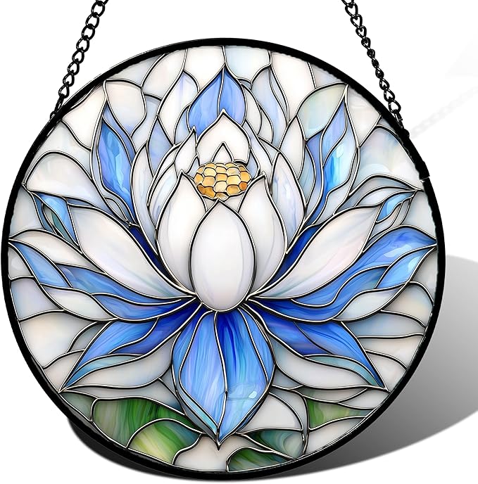 Stained Glass Window Hanging - Blue and White Lotus Petal Suncatcher for Doors Window Home Sun Catchers Decor Christmas Mother's Day July Birthday Gifts for Teacher Women Men Mom Nana 7.8 in
