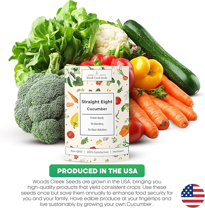 Woods Creek Seeds: Straight Eight Cucumber Seed for Planting - Over 90 Heirloom Seed Pack - Non-GMO Pickling Cucumber Seeds for Planting Indoors or Outdoors