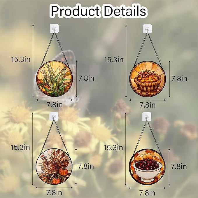 Stained Glass Window Hanging 4 Pcs Set Brown Turkey Berry Corn 7.8" - Suncatcher Door Garden Sun Catcher Decor Birthday Thanksgiving Mother's Day for Mom Woman Nana Men