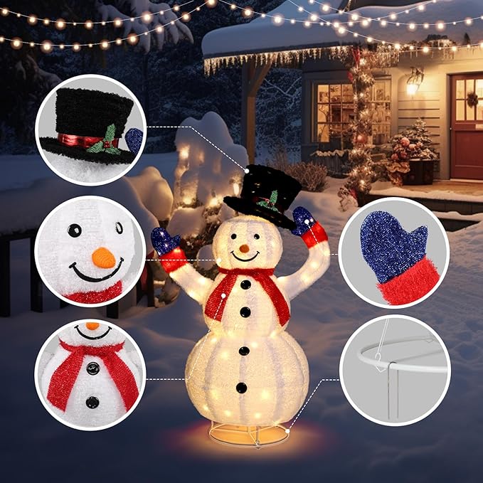 VINGLI 4FT Snowman Electric Outdoor Christmas Yard Decor, Motorized Lighted Snowman with 120 LED Lights, Animated Hat On Off, Pop Up Xmas Yard Lawn Garden Front Porch Pull Up Indoor Holiday Decor
