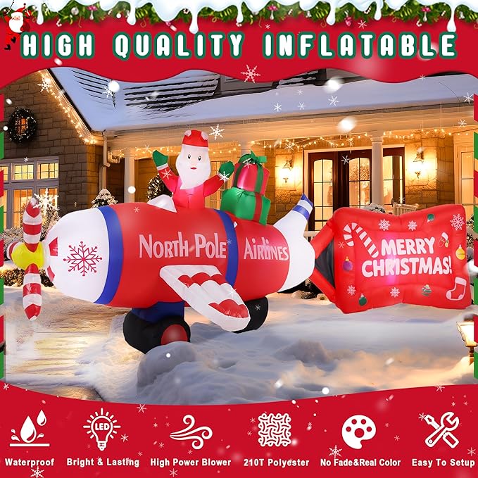 14FT Long Christmas Inflatables Decorations, Outdoor Santa Airplane Decoration, Giant Blow Up with with Built-in LED Lights for Yard Garden Lawn Holiday Decor