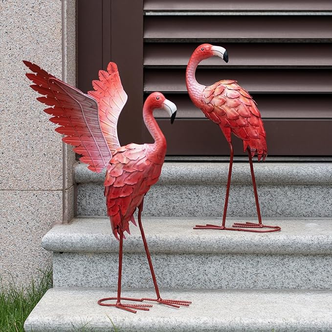 Natelf Flamingo Garden Statues Outdoor Decor, Set of 2 Metal Flamingo Yard Art with Spread & Folded Wings, Weather-Resistant Pink Flamingo Lawn Sculpture for Patio, Backyard - Gift for Women, Mom