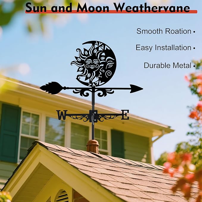 Sun and Moon Face Weather Vane, Black Metal Weathervane Roof Mount, Wind Direction Indicator Wind Measuring Tool Outdoor, Wind Vane Ornament Decoration for Shed Garden Yard Farmhouse Patio Decor