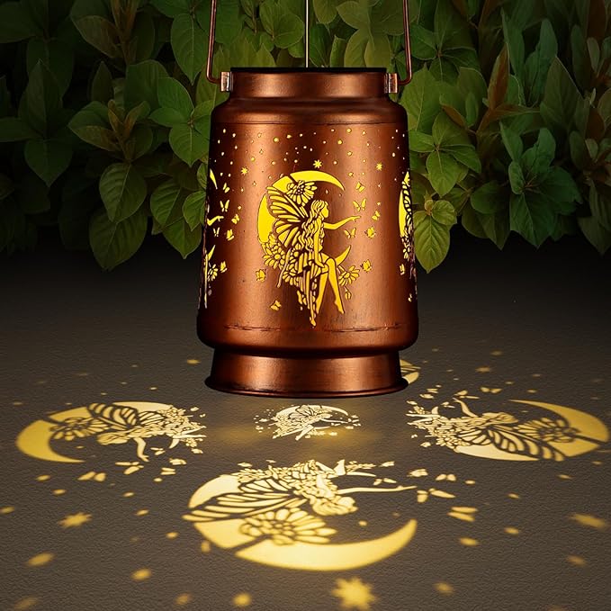 Solar Lantern Outdoor Hanging Waterproof Outside Metal Openwork Hummingbird Pattern Birthday Gifts for Women Mom Landscape Lights for Porch Garden Yard Patio Pathway Decor(Fower Fairy)