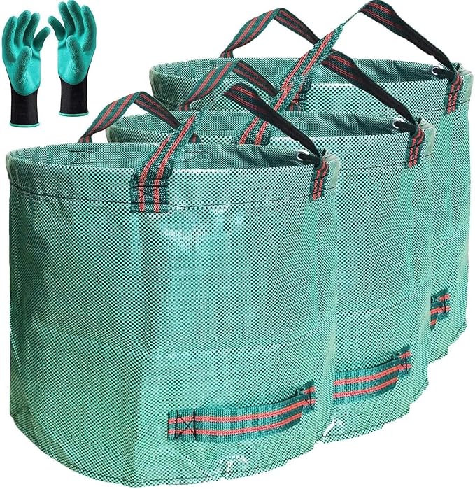 Standard 3-Pack 16 Gallons Yard Garden Bags (D18,H15 inch) W/Gardening Gloves, Reusable Leaf Bags,Grass Clippings,Lawn Debris Bag,Laundry Container,Patio Trash Bin,Weeds Bag,Yard Waste Bags 4 handles