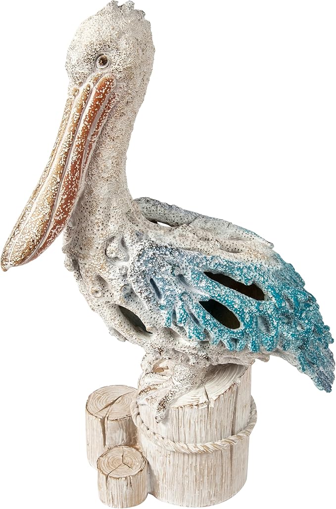 Blue Pelican on Post Figurine – 13.75” Coastal Nautical Decor, Coral Reef Ocean Statue for Beach Home Accent, Shelf, Mantel, or Tabletop Display