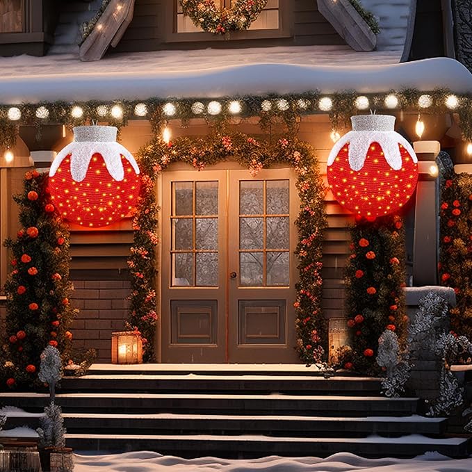 Outdoor Hanging Christmas Ornaments, Lighted Pop-Up Hanging Outdoor Holiday Ball Decoration, 8 Light Modes, Lighted Collapsible Holiday Decorations (Red)