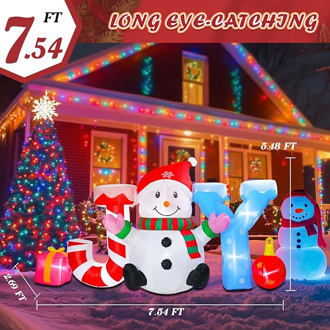 WONDER GARDEN 7.54 FT Christmas Inflatable Outdoor Decorations Joy Snowman Christmas Blow Up Yard Decorations with LED Lights for Xmas Holiday Party Garden Patio Lawn Decor